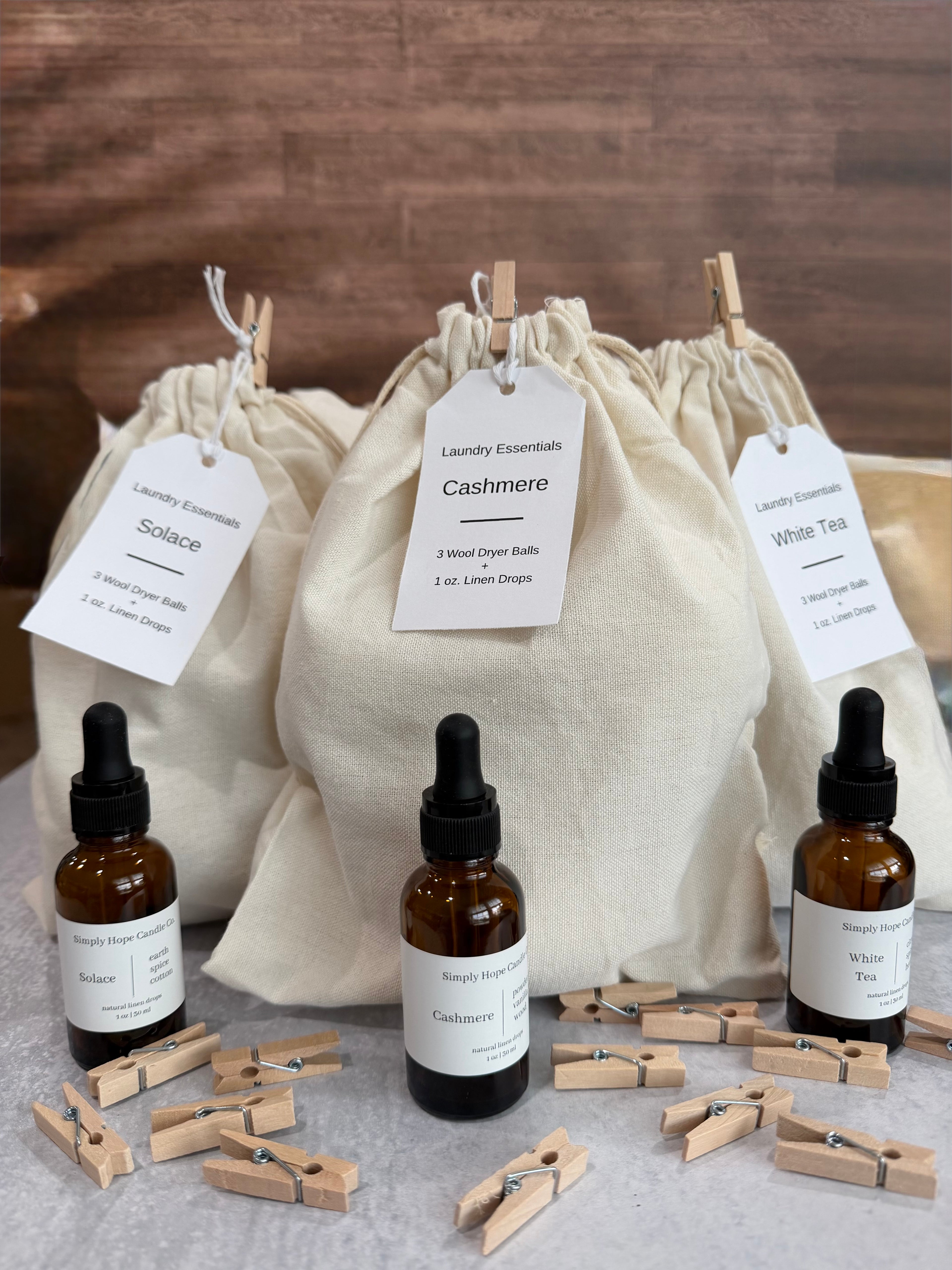 Laundry Essentials Gift Set | 3 Wool Dryer Balls + Linen Drops | Luxury Laundry Care | Solace | Simply Hope
