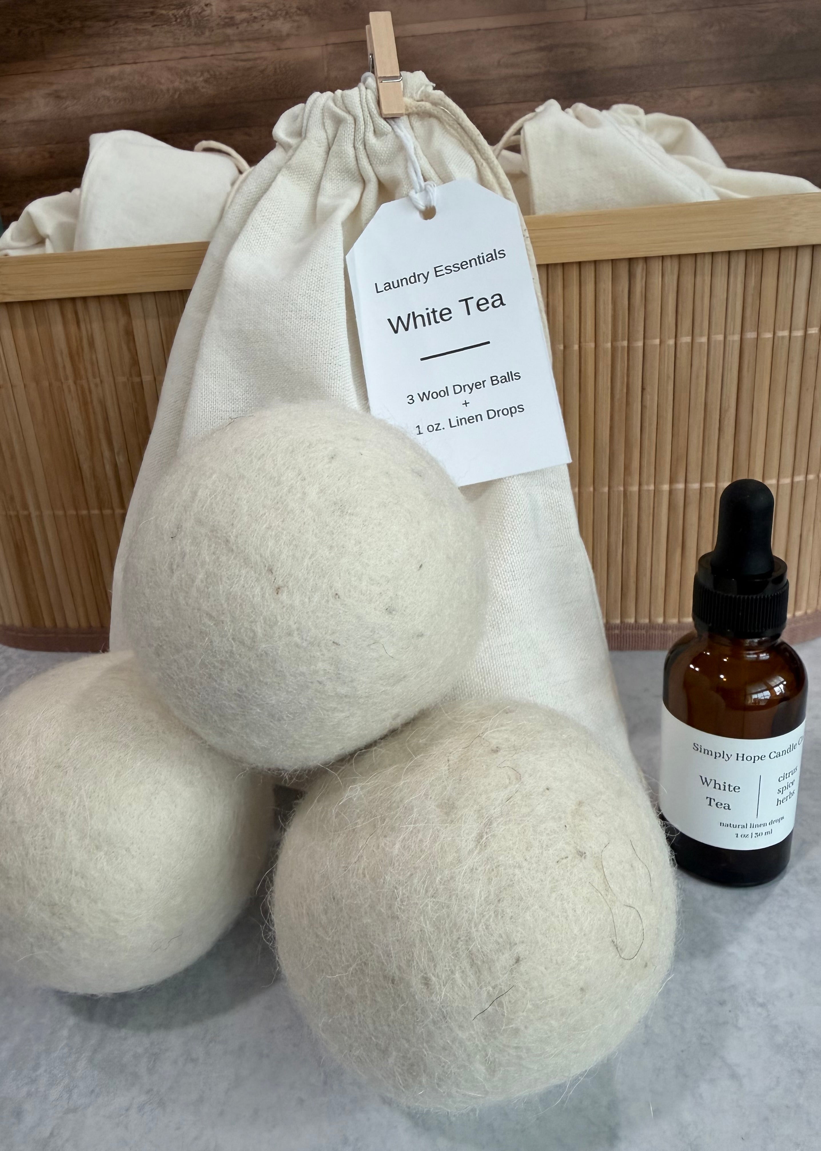 Laundry Essentials Gift Set | 3 Wool Dryer Balls + Linen Drops | Natural Wool Dryer Balls | Luxury Laundry Care | White Tea | Simply Hope