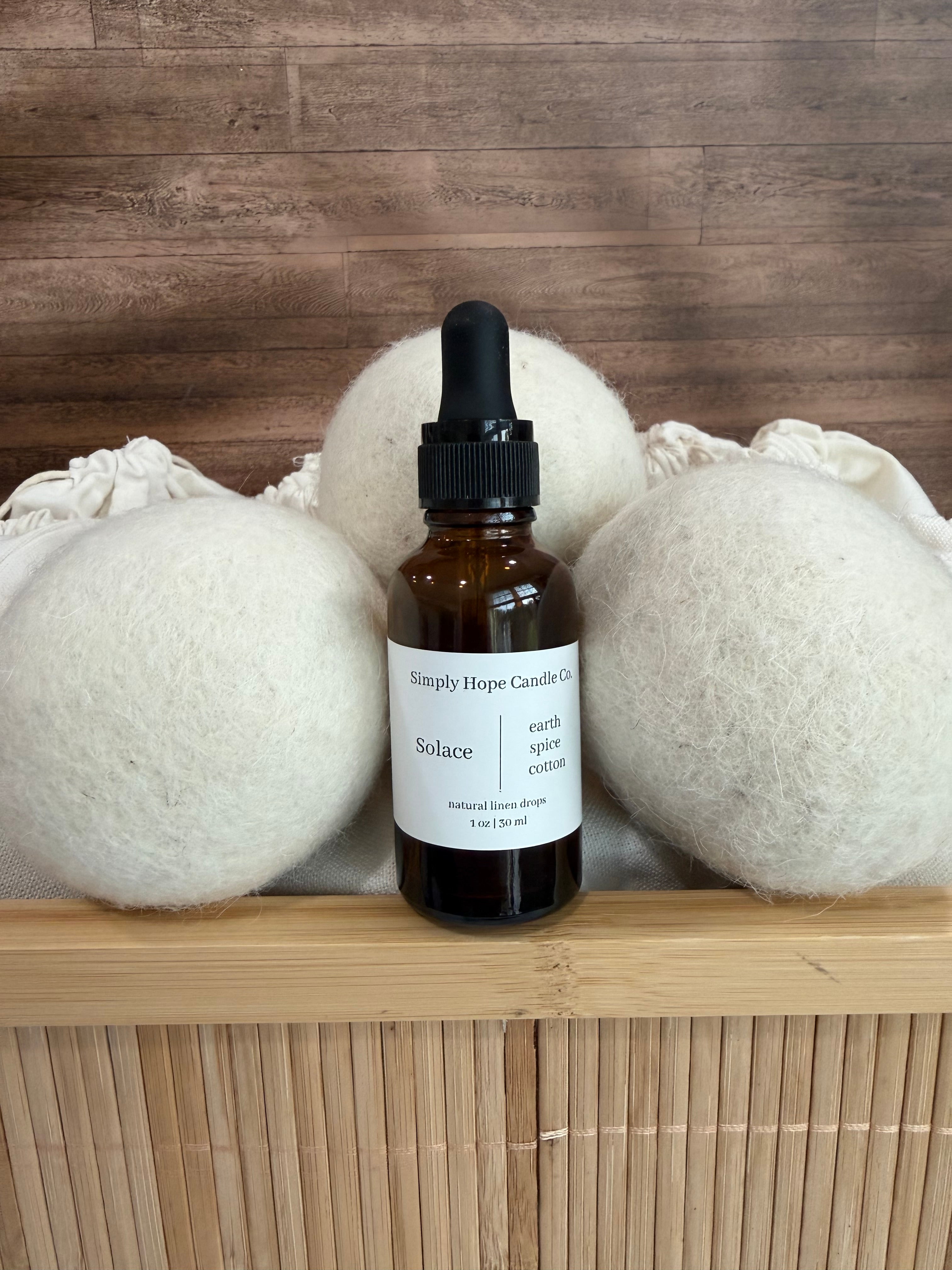 Laundry Essentials Gift Set | 3 Wool Dryer Balls + Linen Drops | Luxury Laundry Care | Solace | Simply Hope