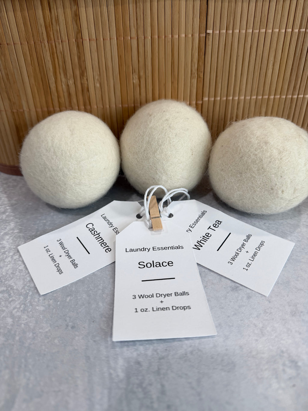 Laundry Essentials Gift Set | 3 Wool Dryer Balls + Linen Drops | Luxury Laundry Care | Solace | Simply Hope