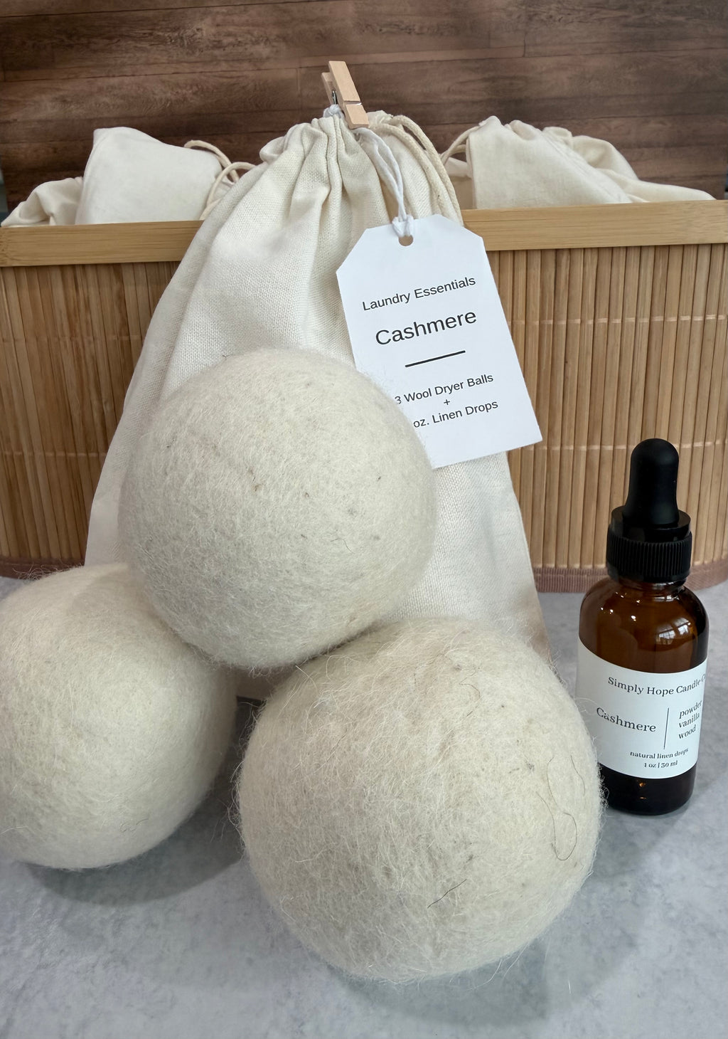 Laundry Essentials Gift Set | 3 Wool Dryer Balls + Linen Drops | Luxury Laundry Care | Cashmere | Simply Hope