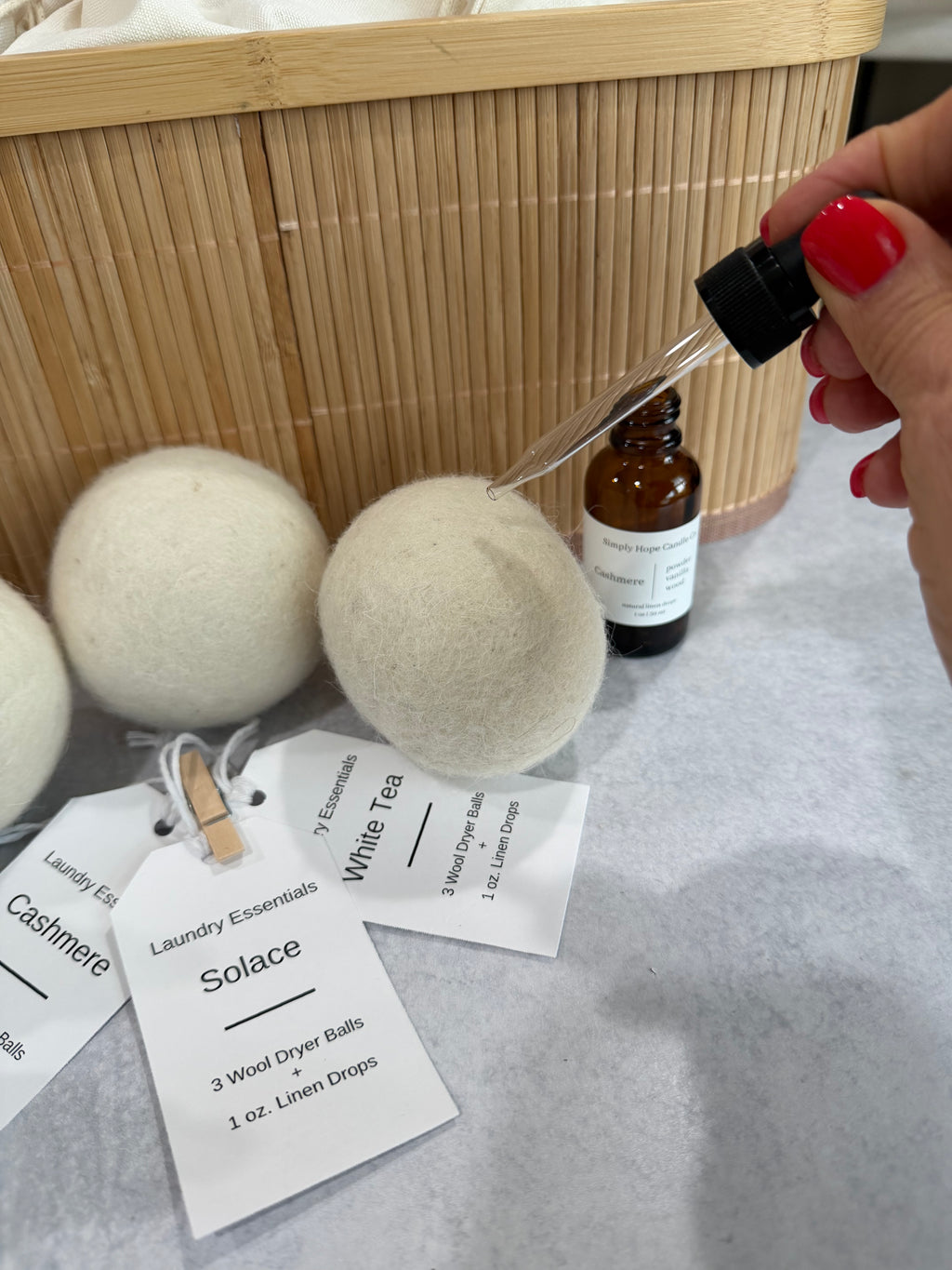 Laundry Essentials Gift Set | 3 Wool Dryer Balls + Linen Drops | Luxury Laundry Care | Solace | Simply Hope